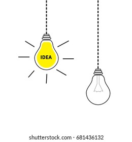 Hanging light bulb icon set. Switch on off lamp. Idea text inside. Shining effect. Dash line. Yellow color. Business success concept. Infographic. Flat design. White background. Isolated. Vector