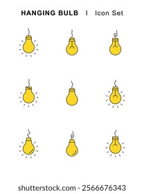 Hanging Light Bulb Icons Set. Modern, Energy and Idea Symbols (Editable Stroke)