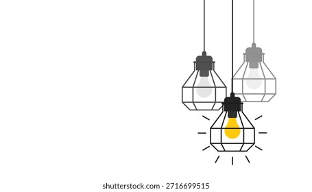 Ilustración de bombilla colgante con estilo de línea mínima, una bombilla que brilla mientras que otras permanecen tenues, representando la creatividad de la idea, la innovación y el concepto de resolución de problemas sobre fondo limpio.