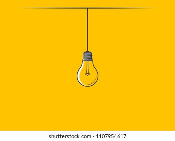 Hanging light bulb on yellow background. Icon concept of invention, study, imagination and creativity. Design element for business startup, technology, science. 