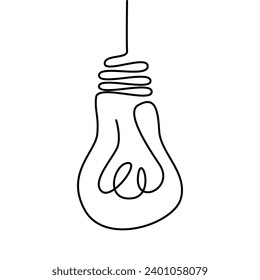 Hanging light bulb in one line doodle style. Isolated vector.