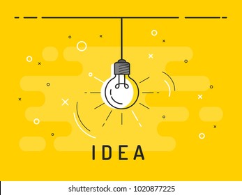 Hanging light bulb with rays shine. Idea symbol.Trendy flat vector on yellow background. Vector Illustration.