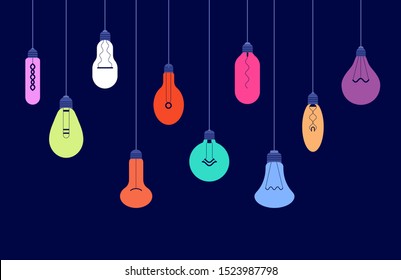 Hanging light bulbs. Creative ideas and lighting energy technology concept with glowing lightbulbs vector background