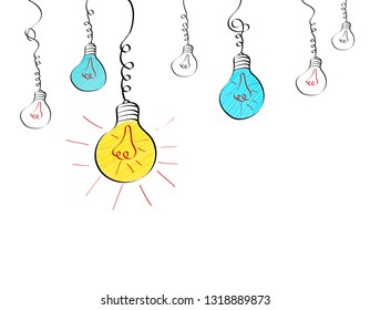 Hanging light bulbs with different glowing in doodle style. Big idea business concept. Vector illustration