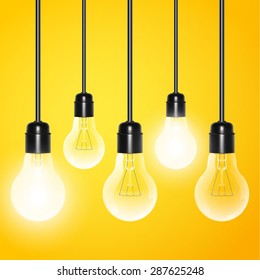 Hanging light bulbs with a few glowing on a yellow background. Vector illustration for your design.