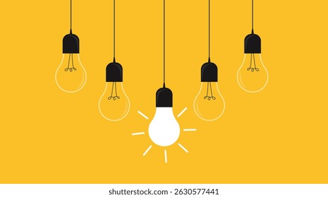 Hanging light bulbs.one is glowing. Leadership, idea and vision concept.