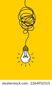 Hanging light bulbs glowing on yellow background. Concept of idea