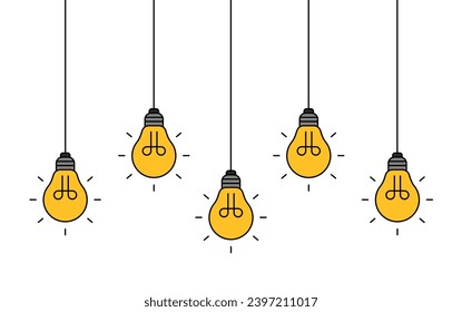 Hanging light bulbs glowing on white background. Concept of idea