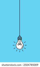 Hanging light bulbs glowing on blue background. Concept of idea