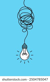 Hanging light bulbs glowing on blue background. Concept of idea