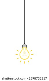 Hanging light bulbs glowing on white background. Concept of idea
