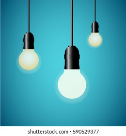 Hanging light bulbs glowing on blue background. Vector illustration