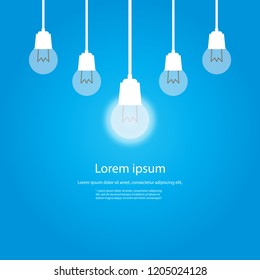 hanging light bulbs with glowing one on a blue background. bright idea and insight concept