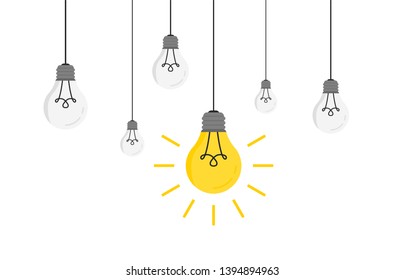 Hanging light bulbs with glowing one Vector illustration for your design. Trendy flat vector light bulbs icons with concept of idea