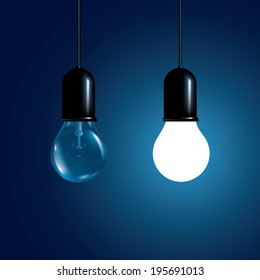 Hanging Light Bulbs With Glowing One. Vector Illustration