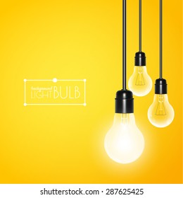 Hanging Light Bulbs With Glowing One On A Yellow Background. Vector Illustration For Your Design.