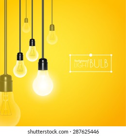 Hanging light bulbs with glowing one on a yellow background. Vector illustration for your design.