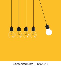 Hanging light bulbs with glowing one on a yellow background. Vector illustration.