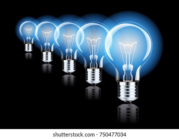 Hanging light bulbs with glowing one isolated on dark blue background.
