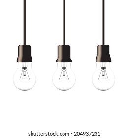 Hanging Light Bulbs Isolated On White Background, Vector Illustration