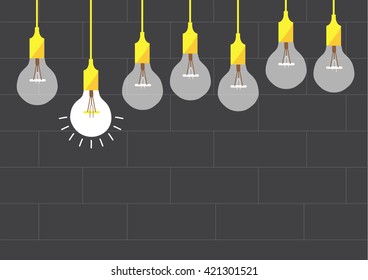 Hanging light bulbs on brick wall backgrounds,Vector illustrations