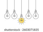 Hanging light bulbs with one glowing on white background. Continuous line drawing light bulb. Concept of idea
