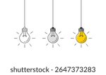 Hanging light bulbs with one glowing on white background. Continuous line drawing light bulb. Concept of idea