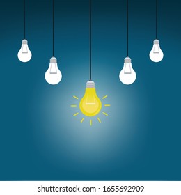 Hanging light bulbs with one glowing on a dark blue background, Success concept, Leadership, Vector illustration flat design