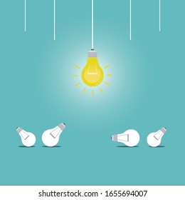 Hanging light bulbs with one glowing on a dark blue background, Success concept, Leadership, Vector illustration flat design