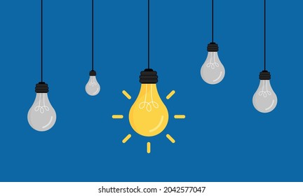 
Hanging light bulbs with one glowing - Idea Concept