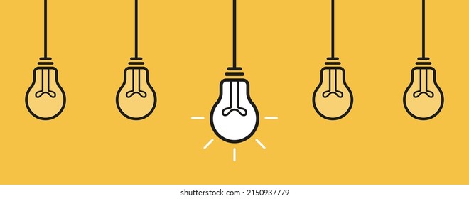 Hanging light bulbs, one is glowing. Leadership, idea and vision concept. Vector illustration