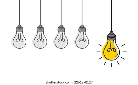 Hanging light bulbs with one glowing on white background. Concept of idea