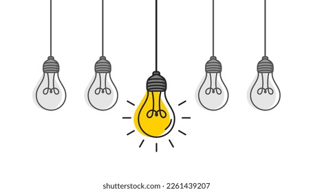 Hanging light bulbs with one glowing on white background. Concept of idea