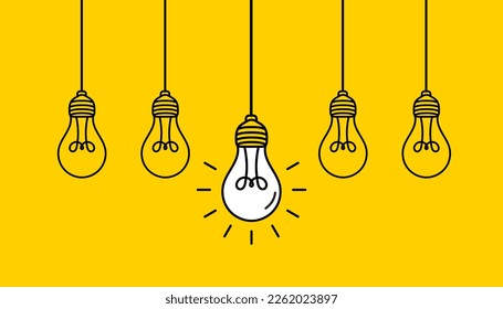 Hanging light bulbs with one glowing on yellow background. Concept of idea