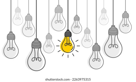 Hanging light bulbs with one glowing on white background. Concept of idea