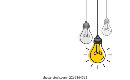 Hanging light bulbs with one glowing on white background. Concept of idea