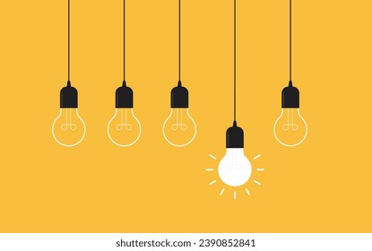 Hanging light bulbs with one glowing on yellow background. Concept of idea