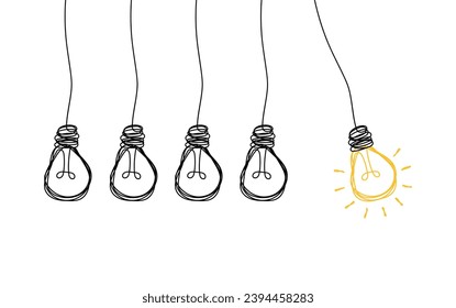 Hanging light bulbs with one glowing on white background. Concept of idea