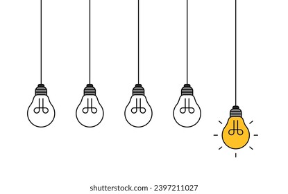 Hanging light bulbs with one glowing on white background. Concept of idea
