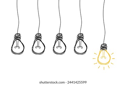 Hanging light bulbs with one glowing on white background. Concept of idea