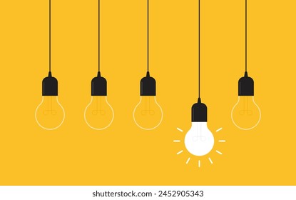 Hanging light bulbs with one glowing on yellow background. Concept of idea