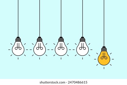 Hanging light bulbs with one glowing on blue background. Concept of idea