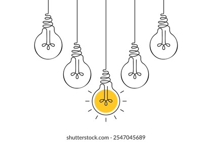 Hanging light bulbs with one glowing on white background. Continuous line drawing light bulb. Concept of idea
