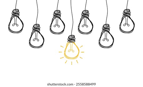 Hanging light bulbs with one glowing on white background. Concept of idea