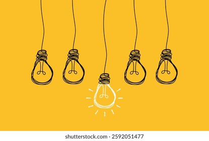 Hanging light bulbs with one glowing on yellow background. Concept of idea