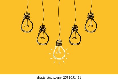 Hanging light bulbs with one glowing on yellow background. Concept of idea