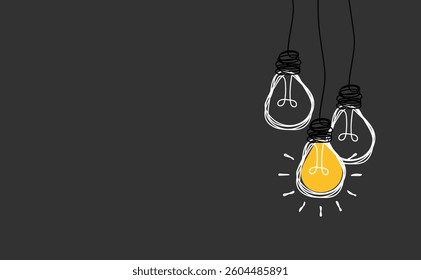 Hanging light bulbs with one glowing on gray background. Concept of idea