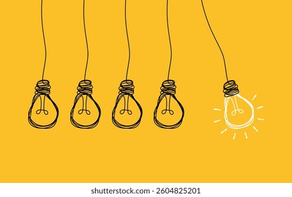 Hanging light bulbs with one glowing on yellow background. Concept of idea