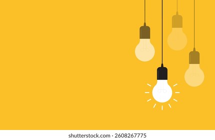 Hanging light bulbs with one glowing on yellow background. Concept of idea