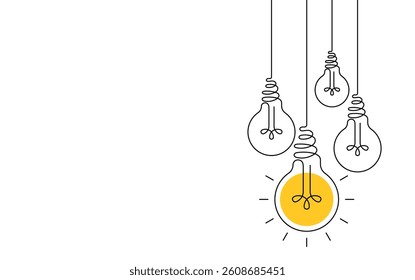 Hanging light bulbs with one glowing on white background. Continuous line drawing light bulb. Concept of idea
